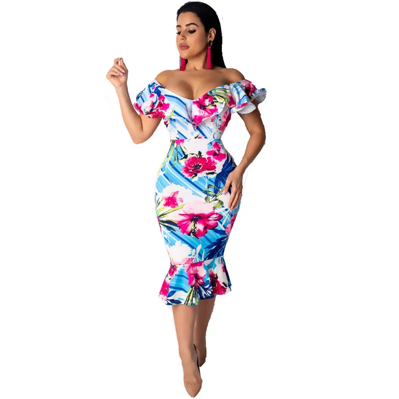 Vrouwen Off Shoulder Bloemenprint Jurk Sexy Club Bohemian Schede Knielange Zomer Jurk Korte Mouwen Bodycon Party Dress Vrouwen Off Shoulder Bloemenprint Jurk Sexy Club Bohemian Schede Knielange Zomer Jurk Korte Mouwen Bodycon Party Dress