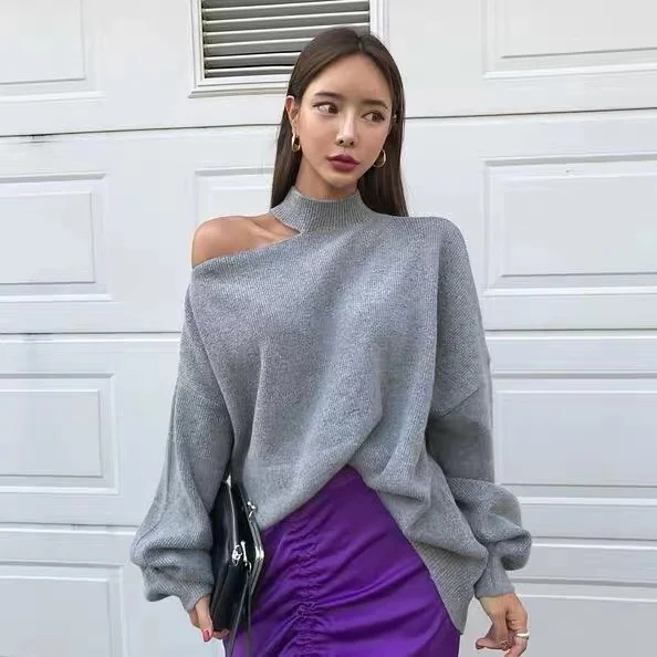 Autumn New Women's Hanging Neck Pullovers Sweater Knitting Bare Shoulder Irregular Fashion Casual Elegant Tops T98323D