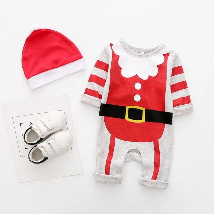 Детские комбинезоны с Сантой, одежда для маленьких девочек, Рождественская одежда для малышей, 2 предмета, комбинезоны с длинными рукавами и шапки для младенцев, комбинезоны для новорожденных