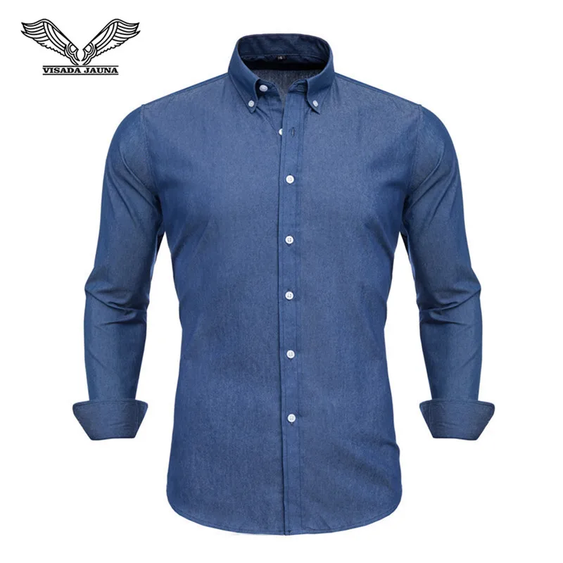 Dark blue 25 VISADA JAUNA Высококачественная Мужская джинсовая рубашка с длинным рукавом, хлопковая однотонная Повседневная Деловая джинсовая рубашка, Брендовые мужские рубашки N5153 - Цвет: Dark blue 25