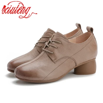 

Xiuteng Genuine Leather Pumps Stone Pattern Deep Mouth Single Shoes Thick Heel Lace Large Size Round Toe Women's Shoes