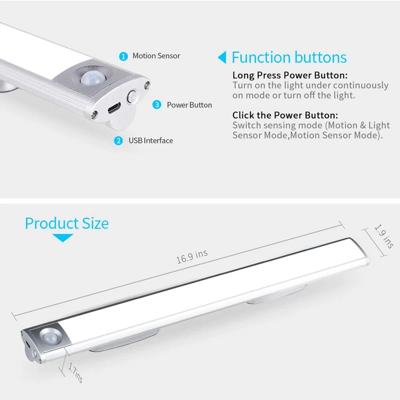 Top-LED Closet Light Under Cabinet Lighting Rechargeable Motion Sensor Under Counter Lighting, Wireless Night Light with for Cab