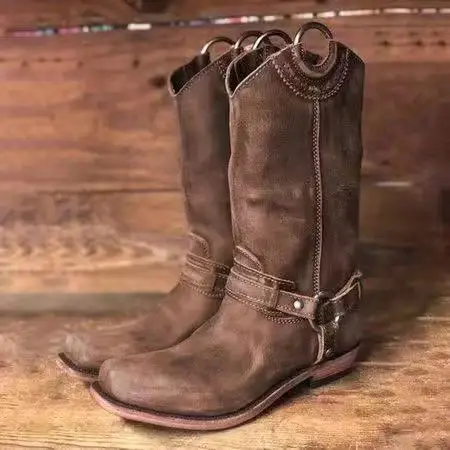 brown Женские сапоги до середины икры на низком каблуке; chaussure; винтажные сапоги-гладиаторы из искусственной кожи без застежки В рыцарском стиле; женская обувь; zapatos mujer sapato HP2247 - Цвет: brown