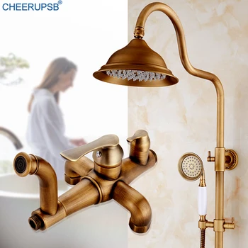 

Euro Bathroom Shower Set Brushed Antique Gold Shower System Lifting Rotating Bath Mixer Tap Rainfall Wall Shower Rain Retro Kit