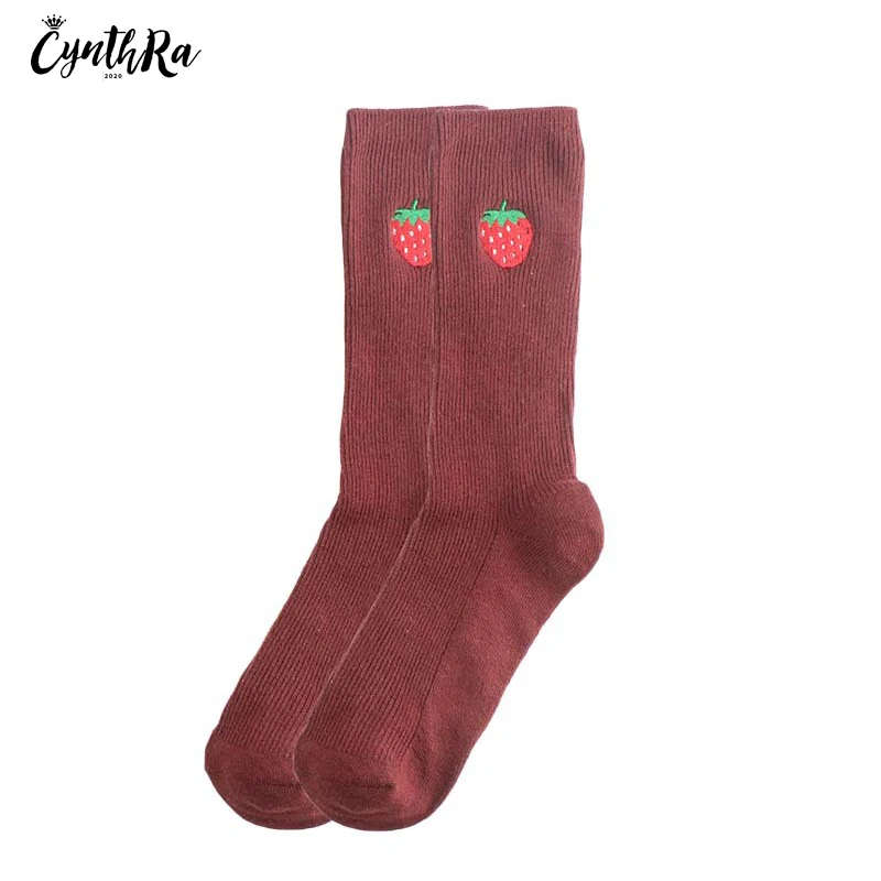CYNTHRA 4pairs Woman Cute Socks Japanese  Embroidery Fruit Cotton Korean Style Long Tube Retro Female Socks Student Kawaii Hot