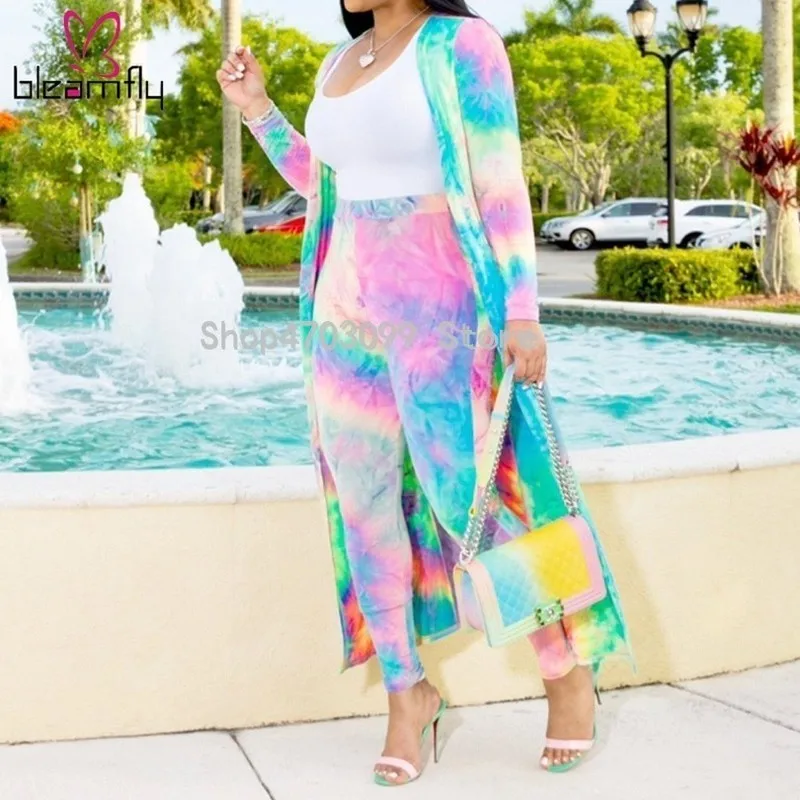 Plus Size 4XL Two Piece Matching Set Women Sexy Tie Dye Printed 2 Pieces Ladies Long Cardigan Tops+Pants Tracksuits Outfits |