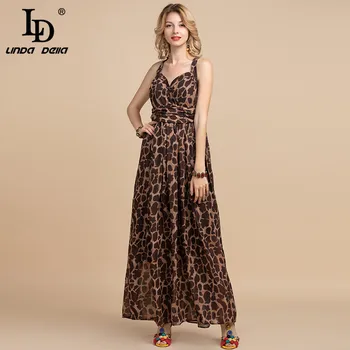 

LD LINDA DELLA Summer Fashion Maxi Long Dress Women's Spaghetti Strap Sexy V-Neck Chiffon Leopard Print Boho Party Dresses
