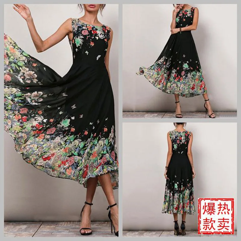 

Hot Selling WOMEN'S Dress Europe And America-Crew Neck Sleeveless Chiffon Maxi Dress Printed Elegant Big Skirt Ba0104