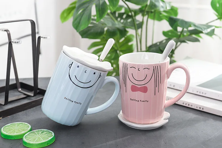 Creative Family Of Three Ceramic Parent-child Mugs With lid spoon Teacup Student Cartoon Cup