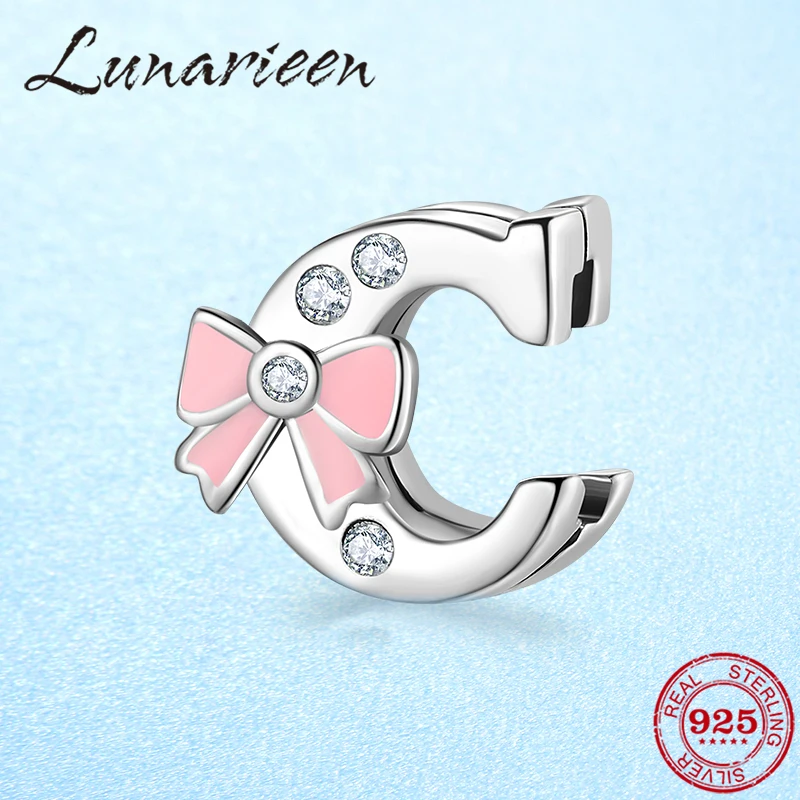 

New 925 Sterling Silver 26 alphabets Lettre C Bow Clear CZ clip Beads Fit Original reflection Clip Charm Bracelet Jewelry making