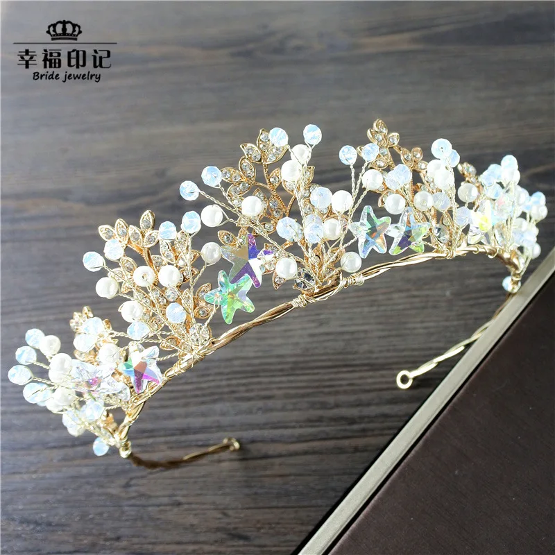 

Luxury Korean Style Bride Crystal Star Beaded Bracelet Handmade Large Crown Gold Headdress Hair Accessories Wedding Dress Orname
