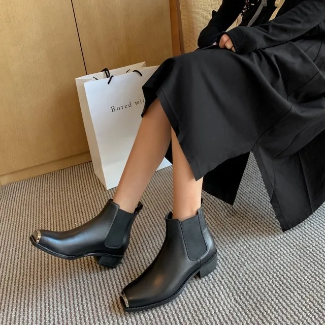 Брендовые женские ботильоны с квадратным металлическим носком; Botas Mujer; женские ботинки «Челси» из натуральной кожи; пикантные ботинки; Botas Mujer