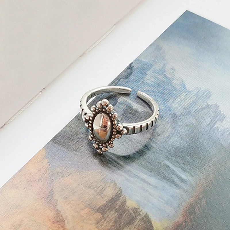 

Real 925 Sterling Silver Vintage Minimalist Oval Elegant Mirror Adjustable Ring Fine Jewelry For Fashion Women Party Gift