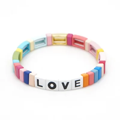 Letter LOVE Bohemia Ins Handmade Charm Enamel Rainbow Tile Bracelet Women Colorful Painted Metal Bracelets Wholesale Jewelry - Metal Color: HDB047-18