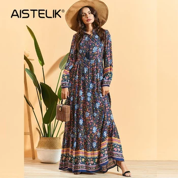 

AISTELIK 2020 autumn and winter new fashion large size women's printed long-sleeved pleated bohemian dress national style
