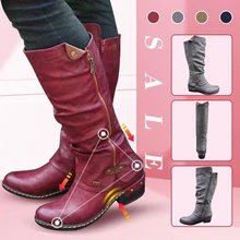 Женские ковбойские сапоги до колена; ботинки в стиле панк; зимняя теплая обувь в западном стиле; ботинки с боковой молнией на низком толстом каблуке; зимняя обувь с высоким голенищем