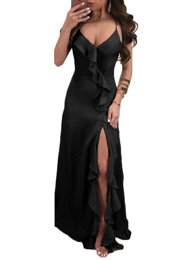 

Party Dress Women Solid Color Sexy Halter Wood Earrings Dresses Woman Party Night Sleeveless V-neck Women Clothes New Maxi Dress