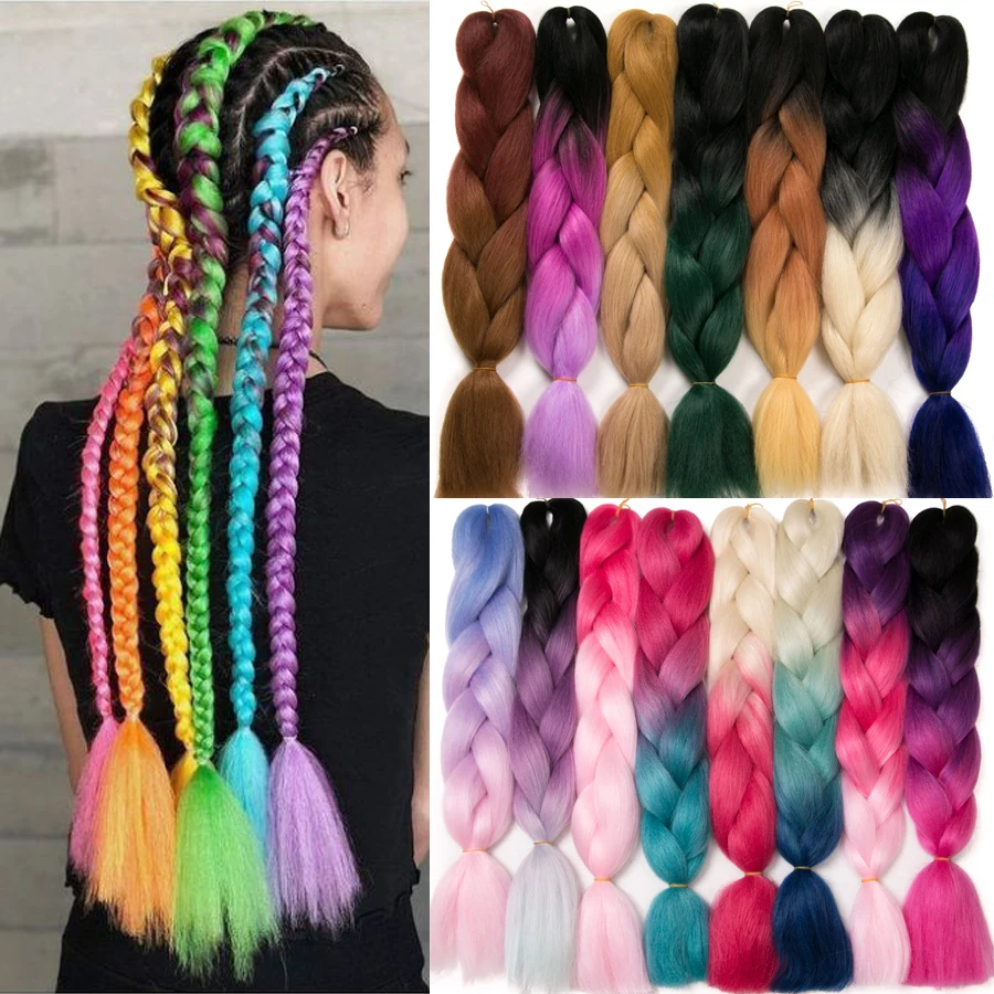 

24'' 100g Ombre Synthetic Braiding Hair Extensions For Crochet Braids Jumbo Braids Two Tone Ombre Color Pink Black