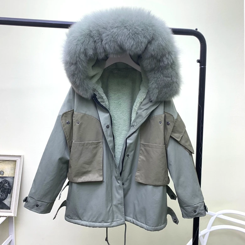 Зимняя Новинка с капюшоном, большой натуральный Лисий меховой воротник, уплотненная шерсть, подкладка с большим карманом, хлопковая стеганая одежда, женское теплое пальто 2054