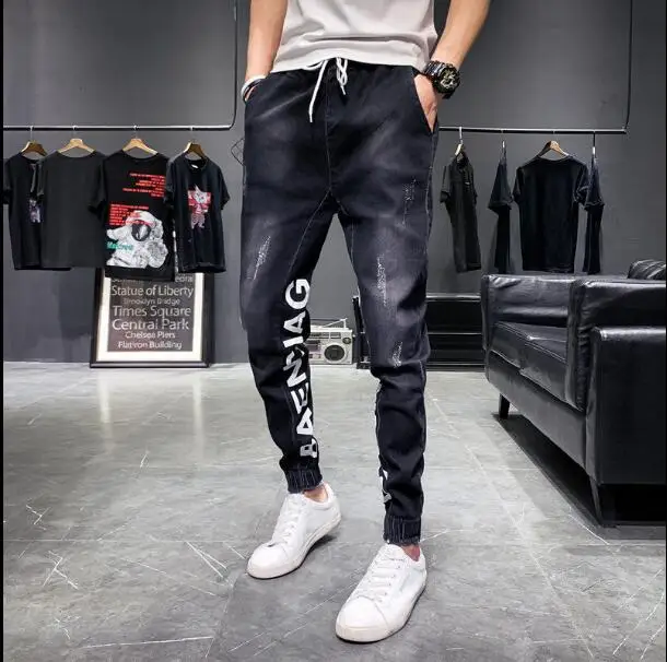 B504 BLACK Мужские джинсовые брюки с боковой полосой Супер спрей на облегающие мужские джинсы плюс эластичная талия Европа размер спортивный тип тела уличная мода - Цвет: B504 BLACK