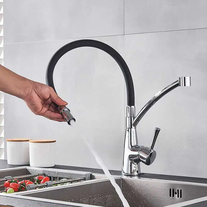 Black Chrome Kitchen Faucets Deck Mounted Kitchen Faucet Single Handle 360 Degree Rotation Kitchen Tap Pull Down Mixer Torneira