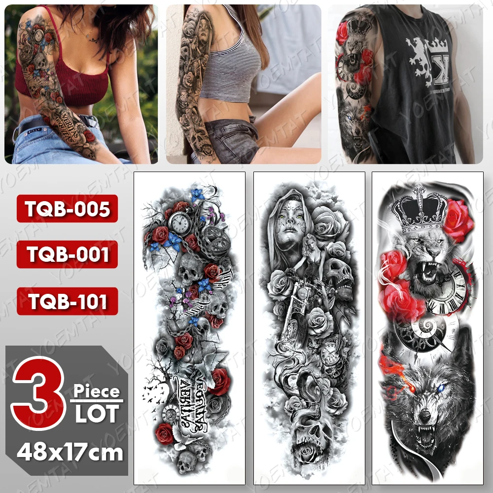 3 pcs/lot Large Arm Sleeve Tattoo Lion Crown Wolf Waterproof Temporary Tatto Sticker Skull Body Art Full Fake Tatoo Women Men | Красота и