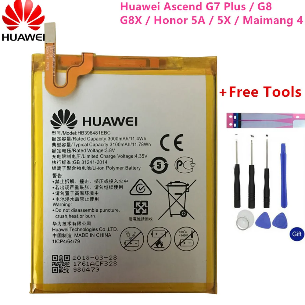 

Hua Wei Original Replacement Phone Battery HB396481EBC For Huawei Ascend G7 Plus / G8 / G8X / Honor 5A / 5X / Maimang 4 3000mAh