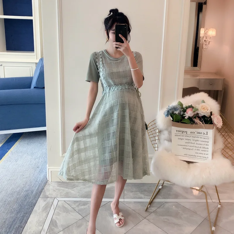 

Pregnant Women Summer Tops 2019 New Style Fashion Loose Korean-style Lace Short Sleeve Solid Color Pregnancy Two-Piece Set