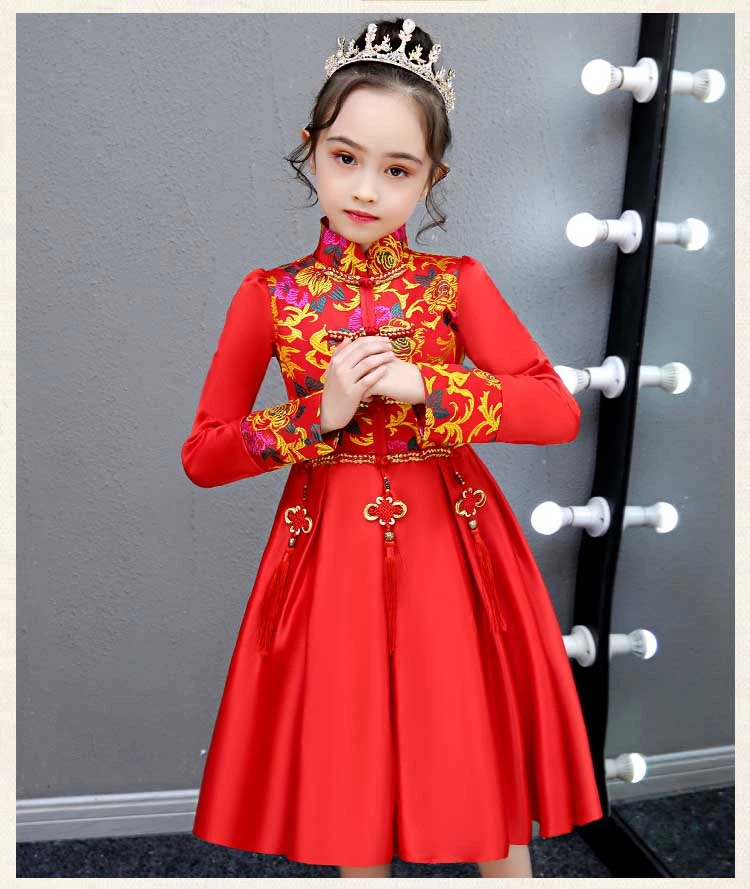 Детское платье принцессы Cheongsam красного атласа с длинными рукавами Qipao; праздничные платья для девочек с цветочным узором; Китайский новогодний костюм; традиционный Qi Pao