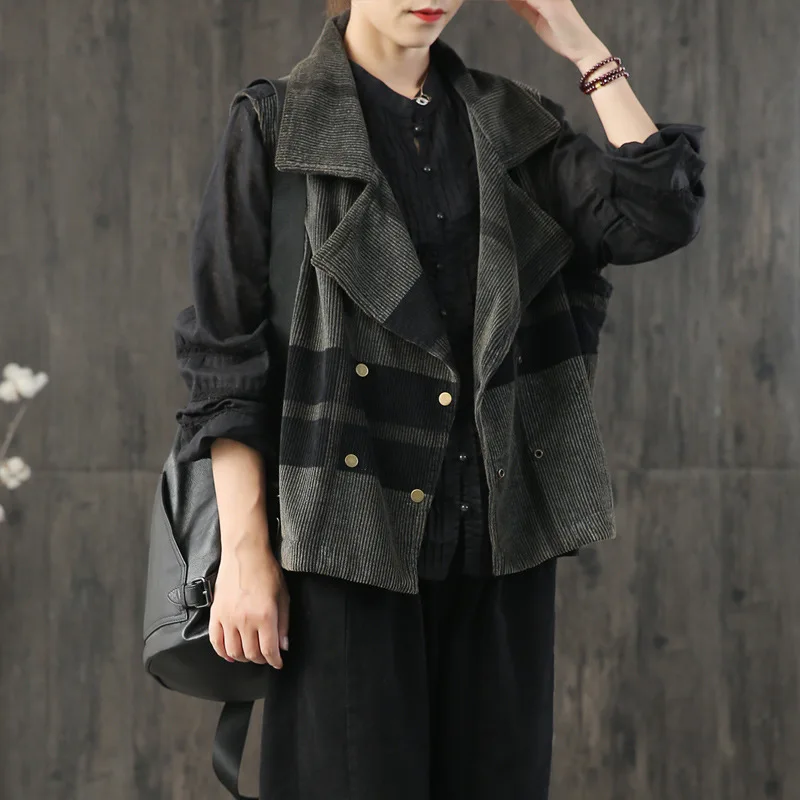 

Women Sleeveless Loose patchwork Corduroy Vests Jackets Female 2019 Autumn Waistcoat Ladies Retro Coat Short Tops Outerwear