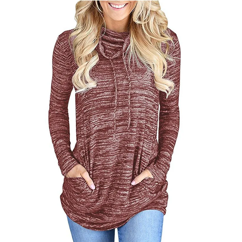 Red Spring Autumn Pocket Casual Long Coat Women T-Shirt Round neck Long-Sleeved Slim Ladies fashion Streetwear T-shirt Top - Цвет: Red