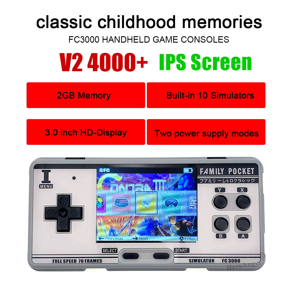 NEW IPS Screen Handheld Game Console Video Game Console built-in 4000 + Games 10 Simulator FC3000 Handheld Children Color Game