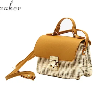 

Caker Brand 2020 Women Ratton Straw Handbag Box Fashion Yellow PU Leather+straw Beach Bags Wholesale
