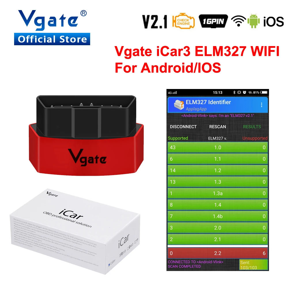 Vgate iCar3 код читателя elm327 инструмент диагностики Wi Fi версия Поддержка OBD2 протокола