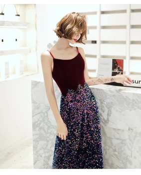 

Popular Spaghetti Straps Velvet Sequins Evening Gown Lace Up Back A-line Long Prom Dress Custom Made