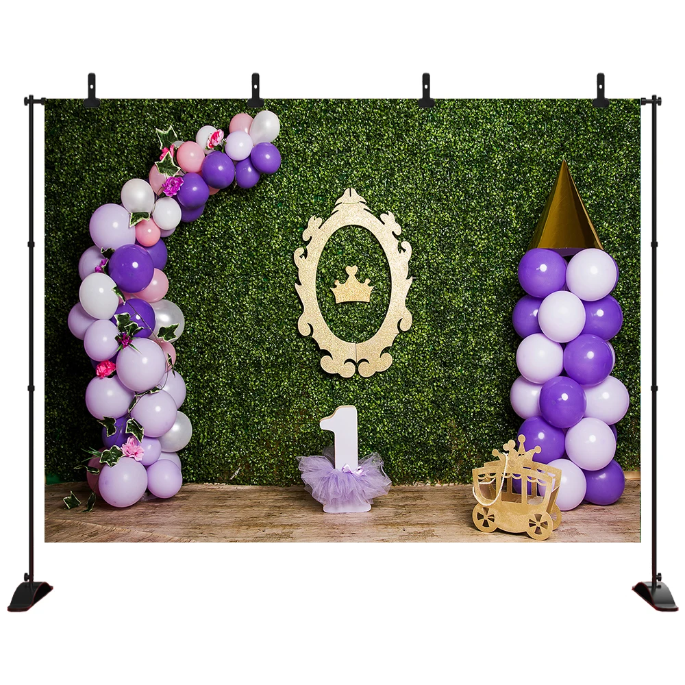 

Birthday Spring Green grass wall Photography Background 1st Birthday Crown Balloon Backdrop Photography Background Shoot