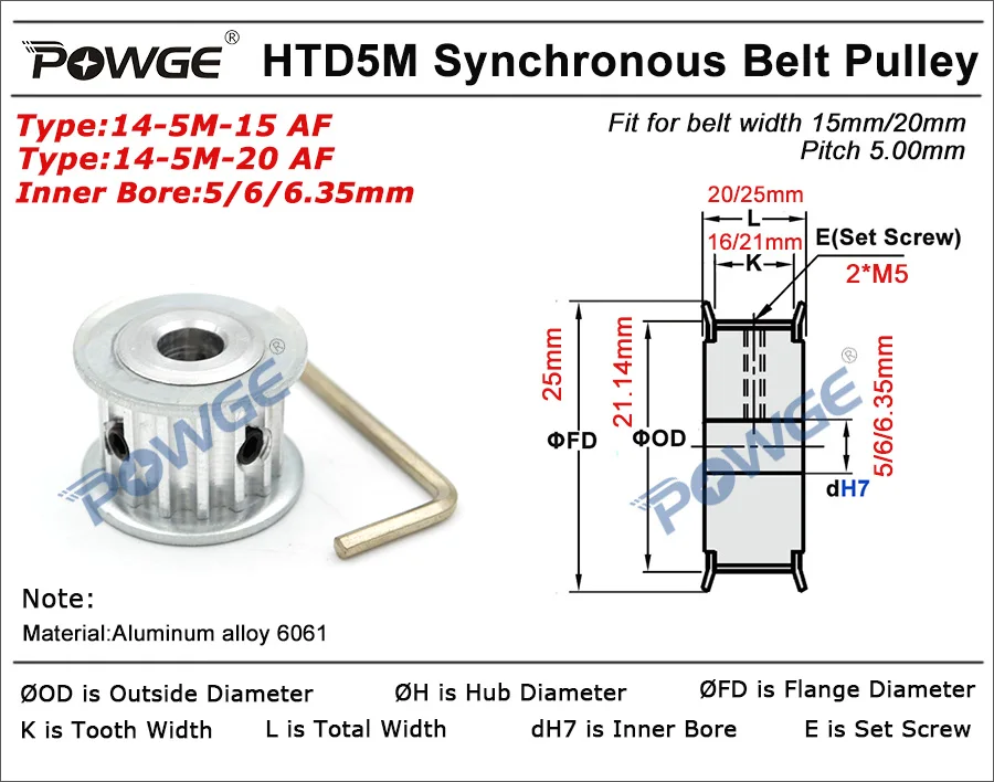 POWGE HTD 5M 14 зубы синхронный шкив Диаметр 5/6/6,35/7 Plus/8 мм для Ширина 15/20 мм HTD5M ремень передач 14-5M-15 AF 14 зубов до 14 ти лет