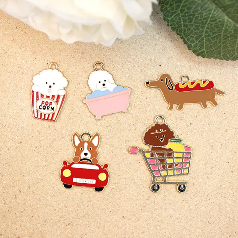 

5pcs New Cute Dog Charm Cart Bathtub Popcorn Dog Funny Animals Charms For Jewelry Making Necklace Earring Keychain Supplies