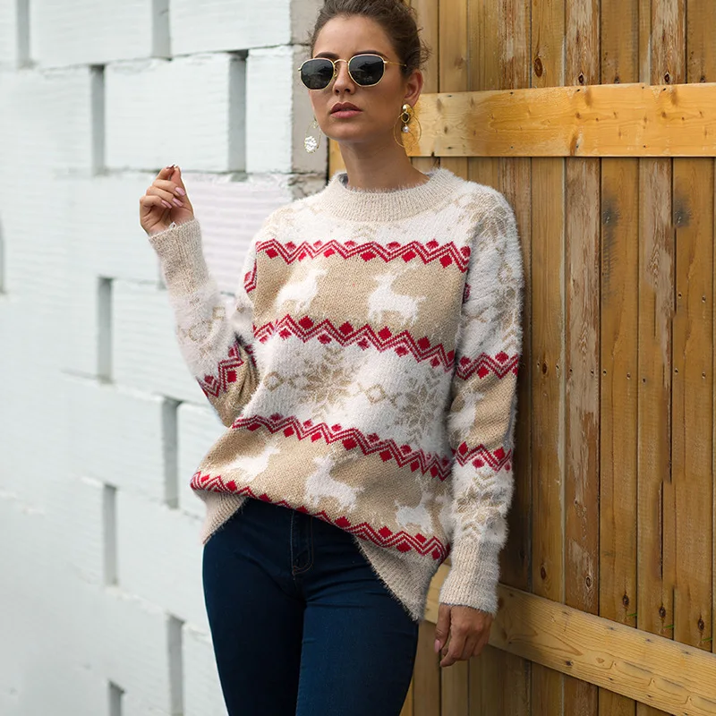 Online 2019 jerseys de Navidad para mujer jersey de Navidad grueso y cálido jersey para mujer con ciervo y alce suéter de invierno tejido para mujer