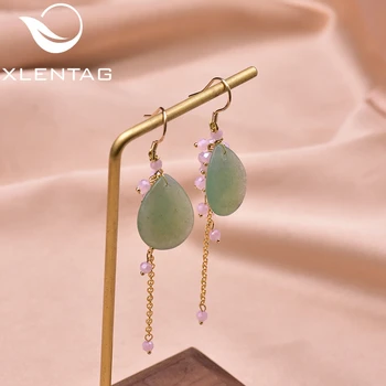 

XlentAg Natural Aventurine Quartz Long Drop Tassel Earrings Fish Hook 925 Sterling Silver Earrings For Women Fine Jewelry GE0086