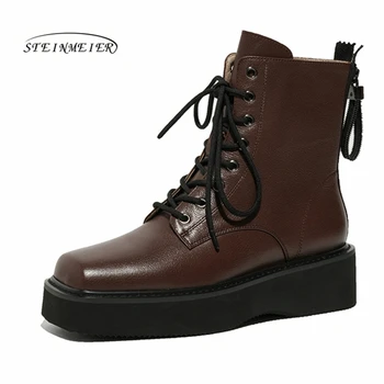 

Women Winter Ankle Boots Genuine Leather Woman shoes 2020 Fashion Keep Warm Platform Round Toe Lace-up Knight Short Boots Ladies