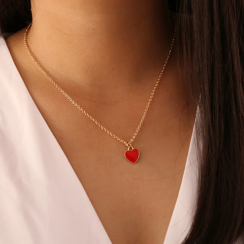 Collar con colgante sencillo en forma de corazón para mujer, cadena de clavícula para boda, regalo romántico de San Valentín, rojo, rosa y azul