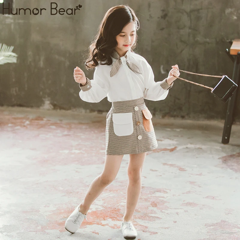 

Humor Bear Kids Clothes Set Autumn Spring Teenage Girls Clothes Sets For Girls Long Sleeve Shirts + Plaid Skirts 2PCs Outfits
