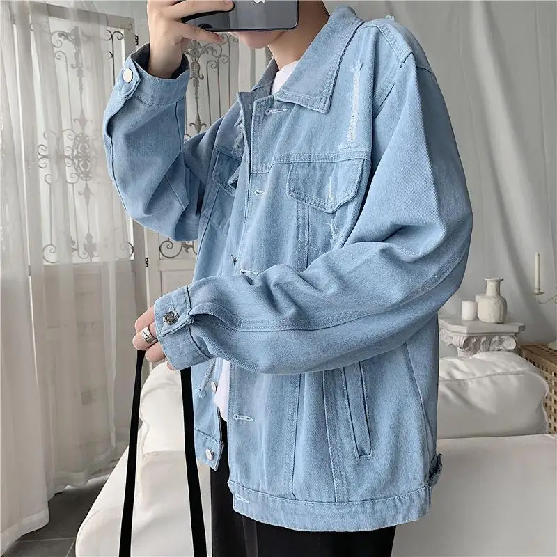 

Cotton Solid Urban Style Denim Jacket Mens Spring Casual Ripped Jackets Mens Hole Jean Jacket Distressed Outwear Male Cowboy