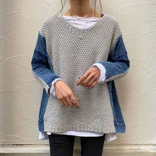 

Chic Pacthwork Sweater Women Winter Knitwear 2021 Women's Jumper Loose Oversize V Neck Long Sleeve Female Jersey Knitted Top