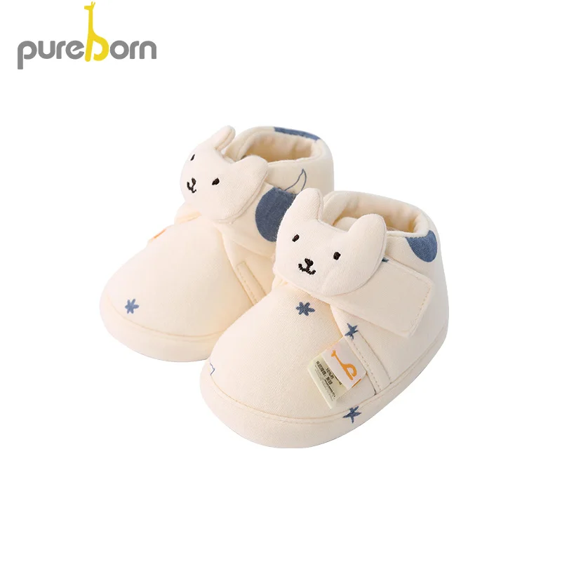 Pureborn/обувь унисекс для новорожденных; обувь с рисунком кота для маленьких девочек; Нескользящие тапочки; сезон зима-весна-осень; обувь для первых шагов - Цвет: Beige