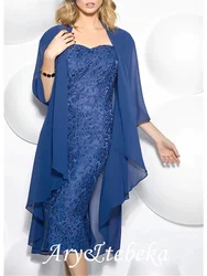 Sheath / Column Mother of the Bride Dress Wrap Included Sweetheart Neckline Tea Length Chiffon 3/4 Length Sleeve with Lace 2021