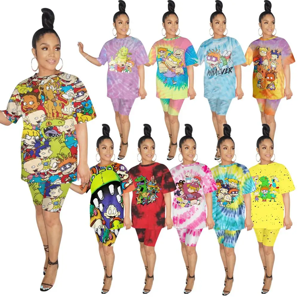 Wjustforu Women's Printed Loose Casual Pants Tracksuit Two Piece Set 10 Colors Summer Short Sleeve Top + Shorts 2 Suit |