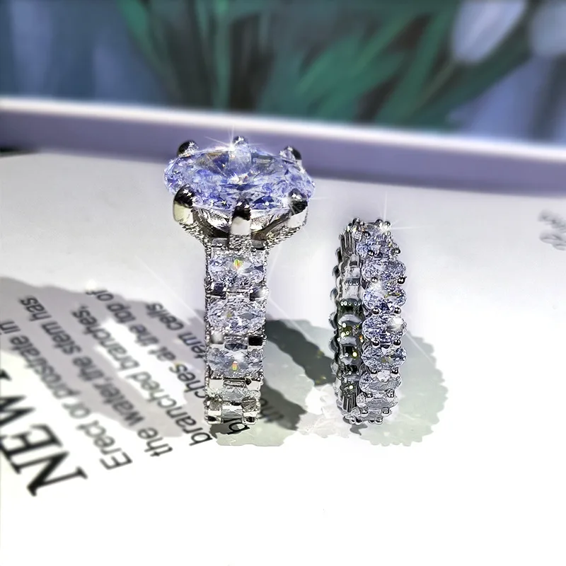 NEW Elegant Zircon Ring Set S925 Silver Color Engagement Wedding Jewelry For Women 2021 Fashion Crystal Gift Wholesale - 4