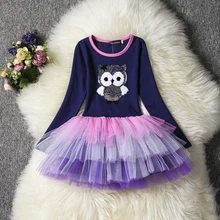 Детские платья с блестками для девочек; нарядное платье с длинными рукавами и рисунком Совы; костюм принцессы для девочек; Модная хлопковая детская одежда с героями мультфильмов